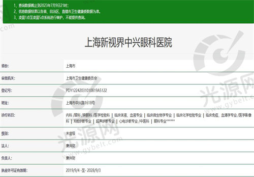 上海新视界中兴眼科医院执业资质